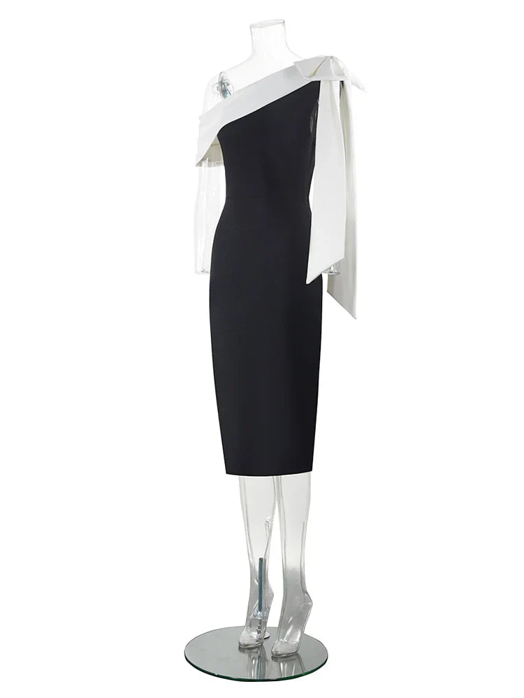 Black One Shoulder Contrast Tie Up Midi Dress