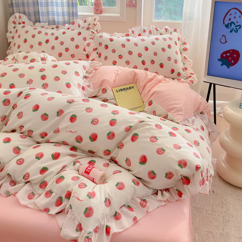 4pcs Korean lace Duvet Cover Set (1*Duvet Cover +1 flat sheet + 2*Pillowcase, Without Core), Fresh Flower Print Bedding Set
