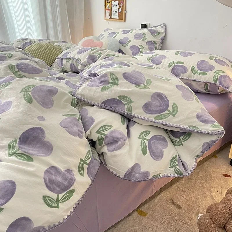 Bedding Set Girls Cherry Soft Washed Cotton Bed Sheet Queen King Size Duvet Set Comforter Set Pillowcase Bed Linens