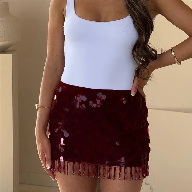 Red Tassels Sequins Mini Skirt