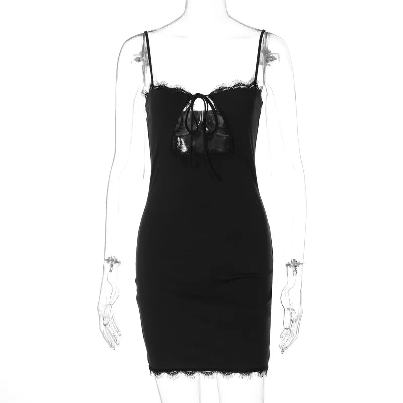 Black Lace Tie Up Strappy Mini Dress