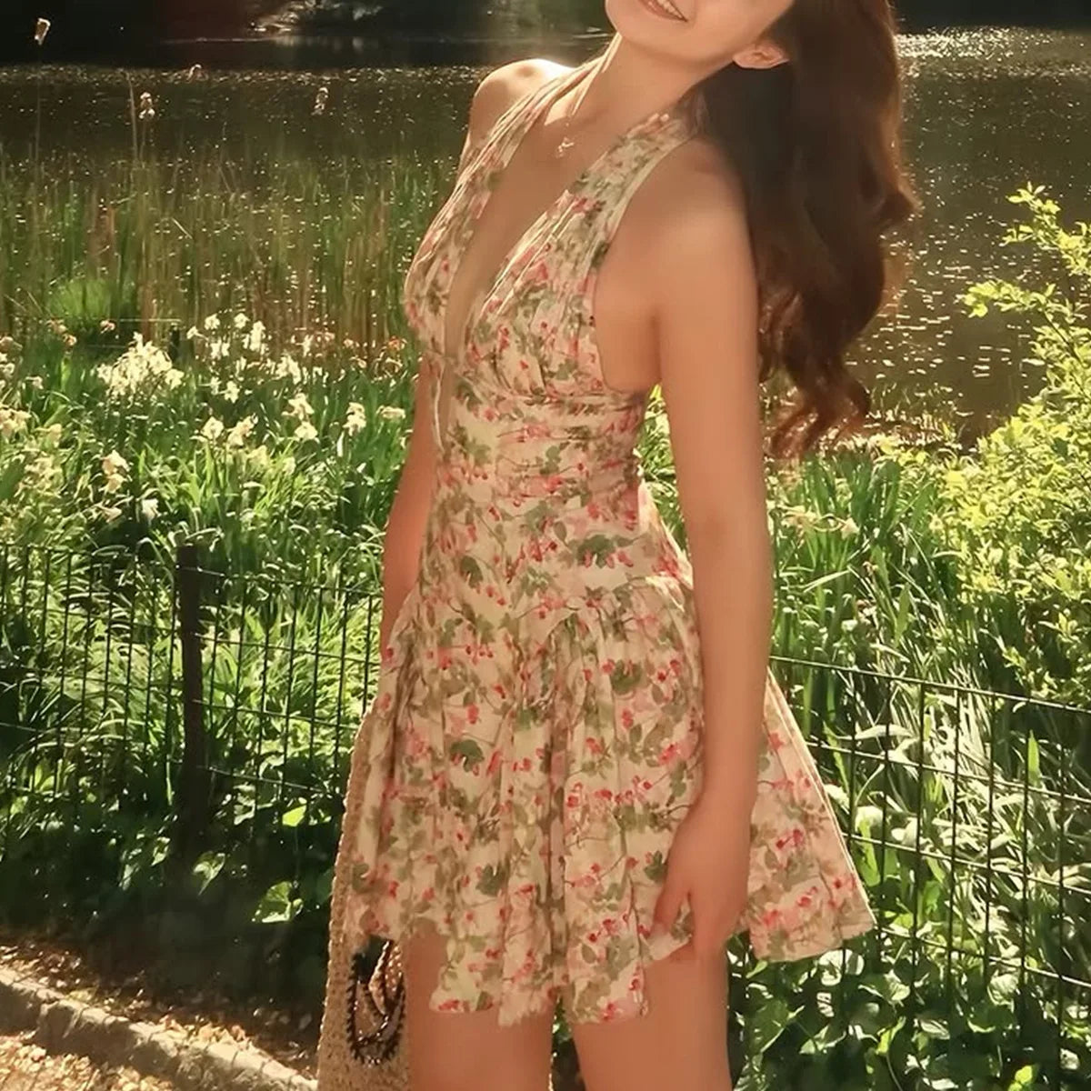 Floral Deep Halter Neck Mini Dress