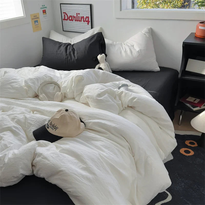 INS Hot Coffee Bedding Set For Girls Soft Washed Cotton Bed Sheet Queen King Size Duvet Set Comforter Set Pillowcase Bed Linens