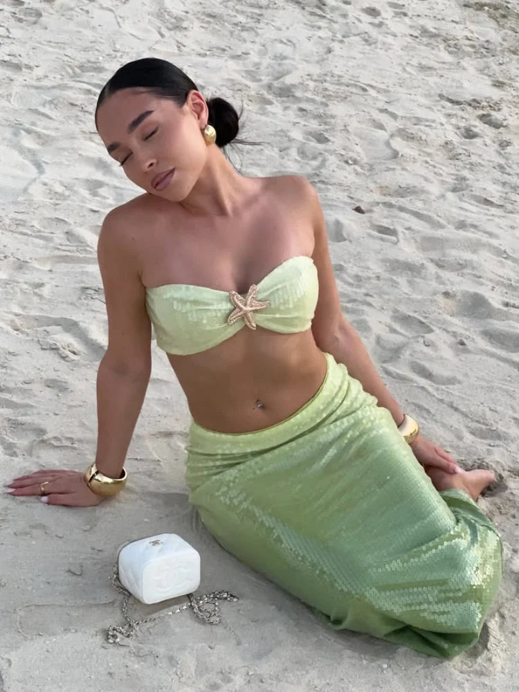 Green Ombré Starfish Sequin Bralette And Maxi Skirt Set