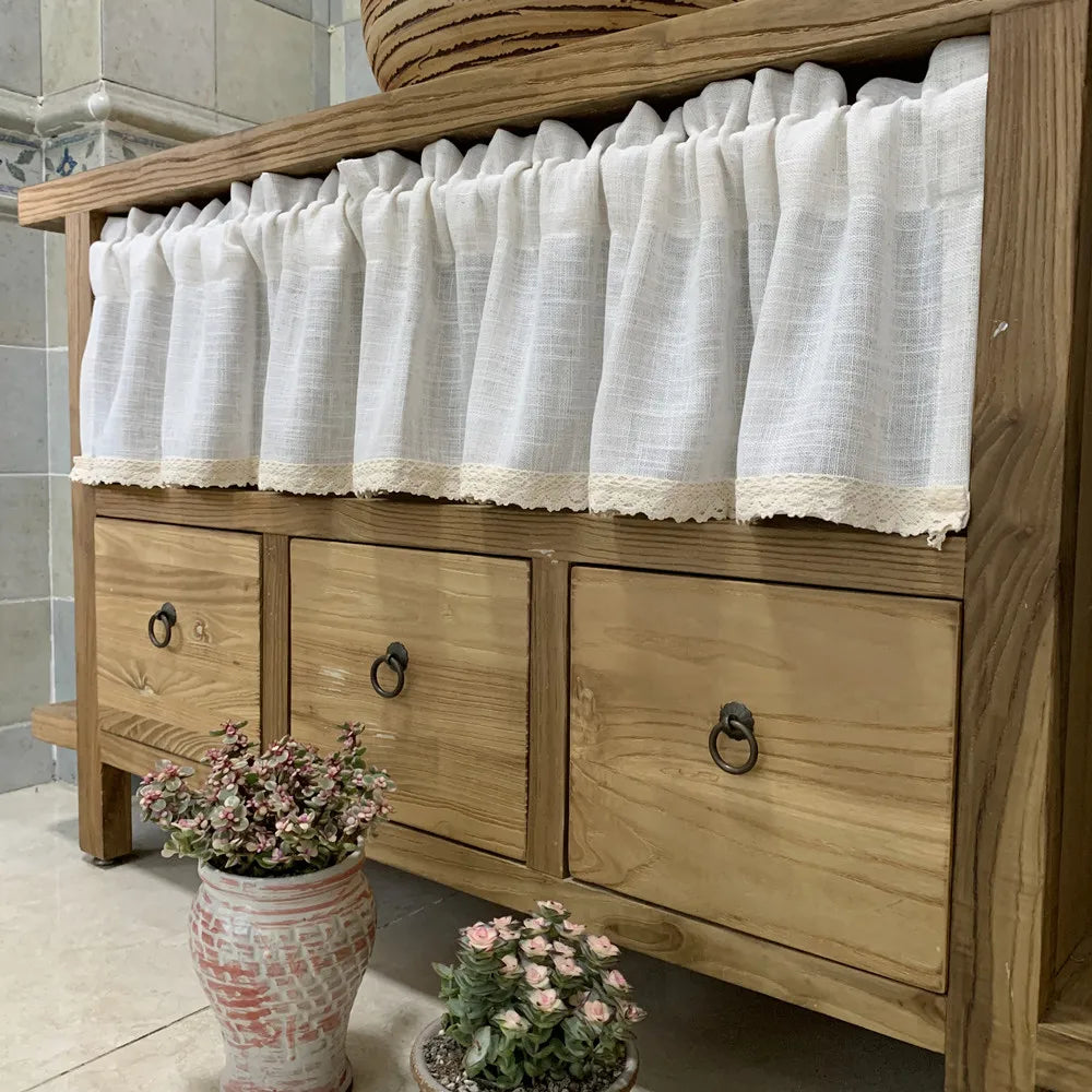 Nordic Style Short Curtains for kitchen Solid Cotton Linen Lace Hem Half Tulle Curtain Wine Cabinet Door Window Small Curtains