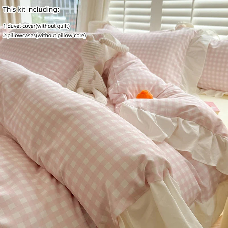 4pcs Korean lace Duvet Cover Set (1*Duvet Cover +1 flat sheet + 2*Pillowcase, Without Core), Pink checkered print Bedding Set