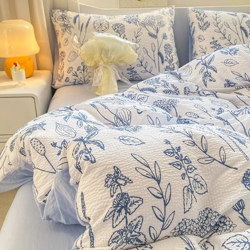 Romantic Floral Duvet Cover Set No Filler Soft Seersucker King Single Szie Pillowcases Flat Sheet Home Decoration Bed Linens
