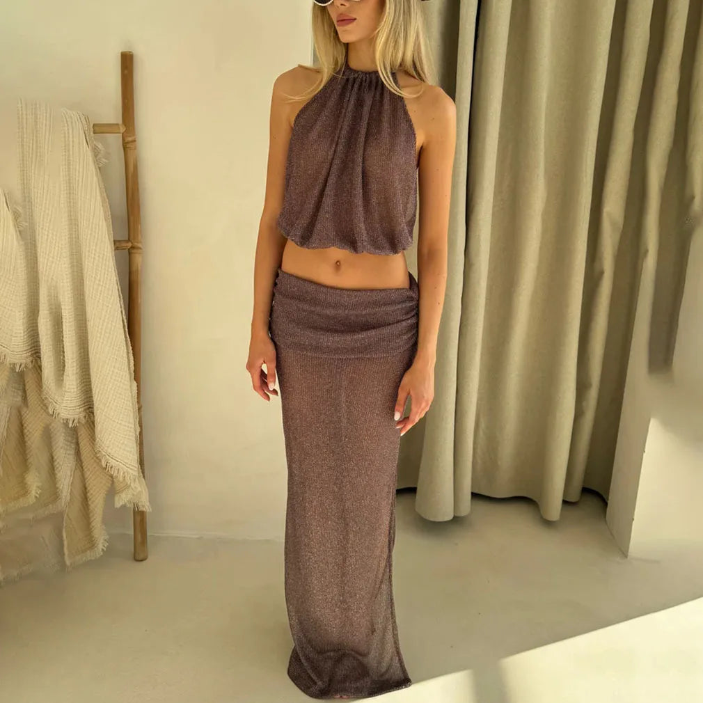 Sheer Knit Hater Top And Maxi Skirt Set