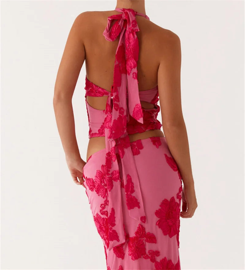 Floral Embroidered Maxi Skirt And Halter Crop Top Set