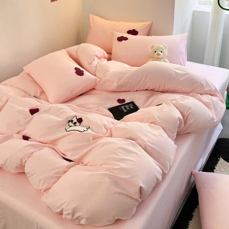 Ins Cartoon Panda Bedding Set Towel Embroidery Duvet Cover Queen Twin Full Size Grey Bed Flat Sheet Quilt Cover Pillowcases