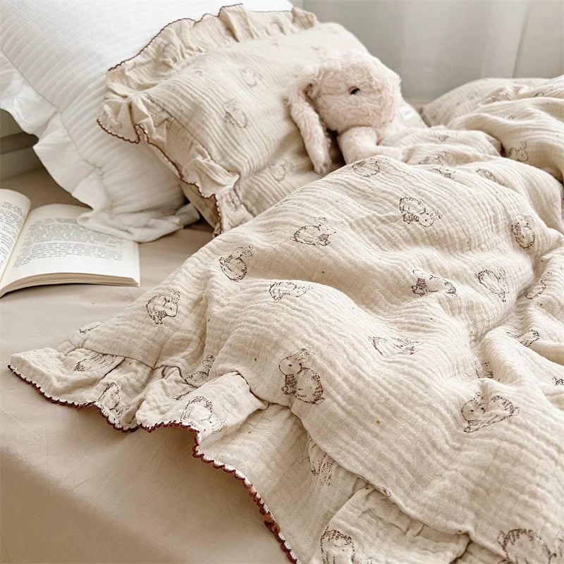 Korean Baby Girl Crib Bedding Set Bunny Rose Cherry Floral Cotton Muslin Cot Bedding Kit Duvet Cover Pillowcase No Filler