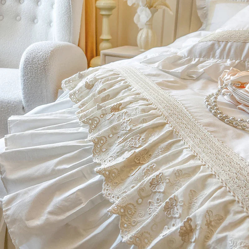 4/6Pcs Vintage French Double Layer Ruffles Princess Wedding 100% Cotton Bedding Set Duvet Cover Bed Skirt Bedspread Pillowcases