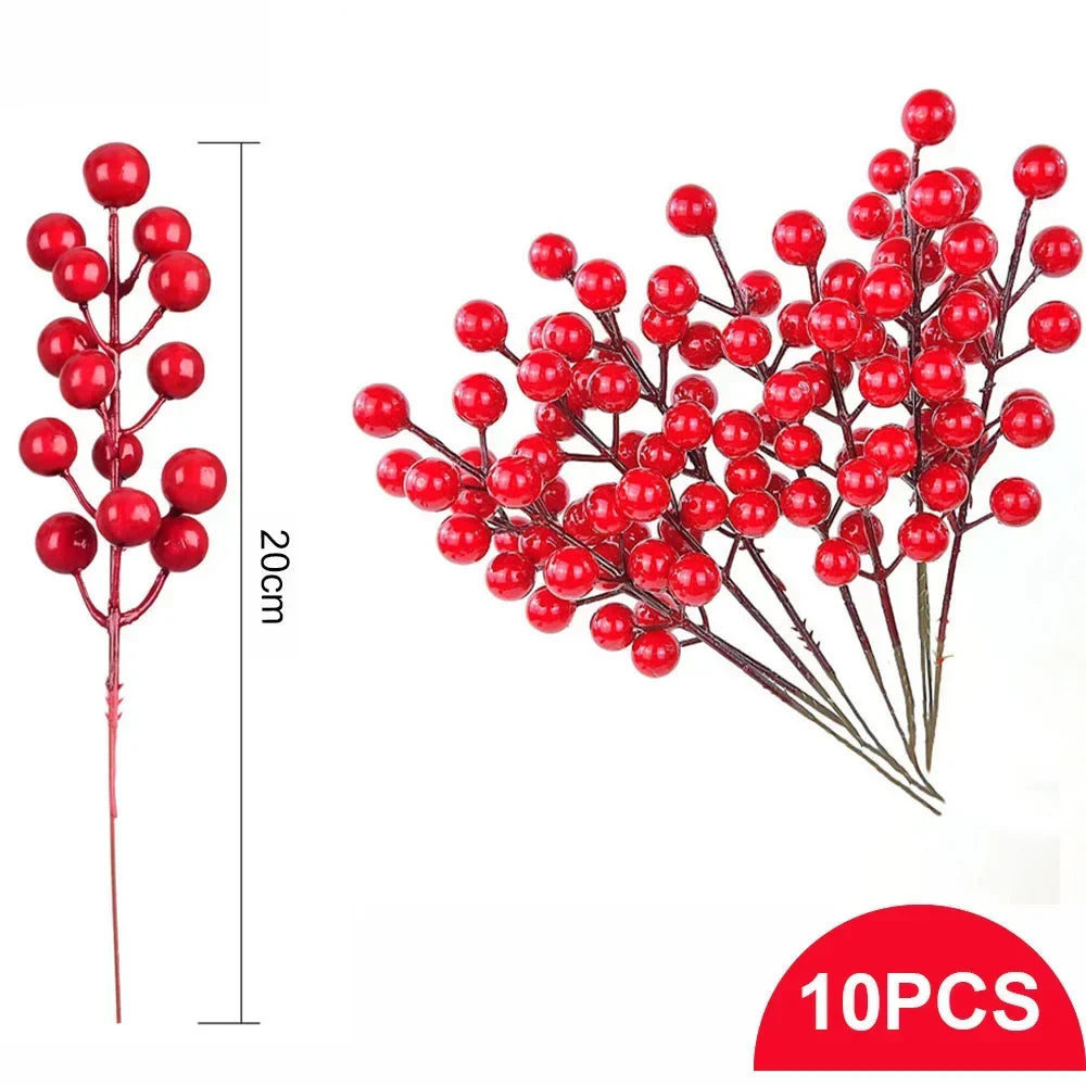 10pcs Artificial Pine Branches Christmas Holly Red Berries Stems for Xmas Tree DIY Wreath Decorations Christmas Home Decoration