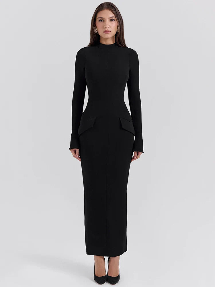 Black Long Sleeve Solid Mock Neck Maxi Dress