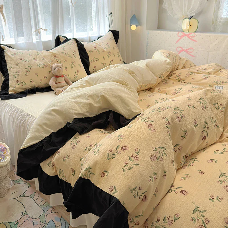 Bedding Set Korean Style New Small Floral Water Washed Cotton Lace Duvet Cover Set Queen Size
