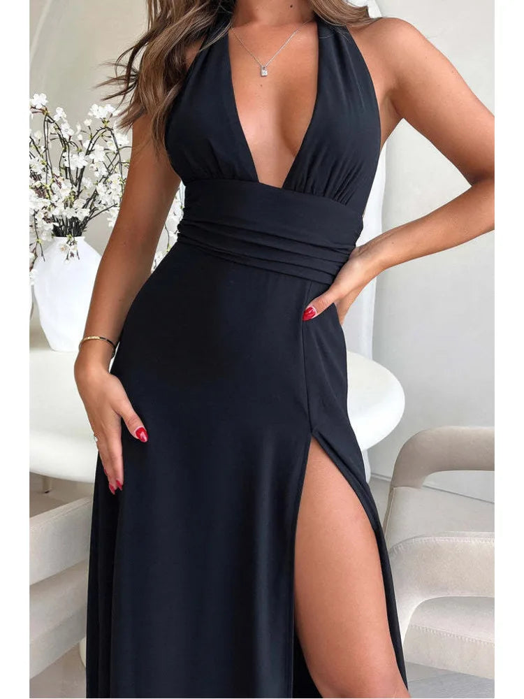 Black Deep Neck High Split Maxi Dress