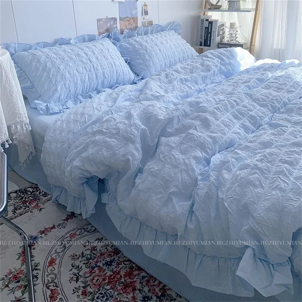 INS Girl Blue Bedding Sets Solid Color Seersucker Ruffles Lace Kawaii Soft Sheet Woman Duvet Cover Pillow Covers Quilt Cover