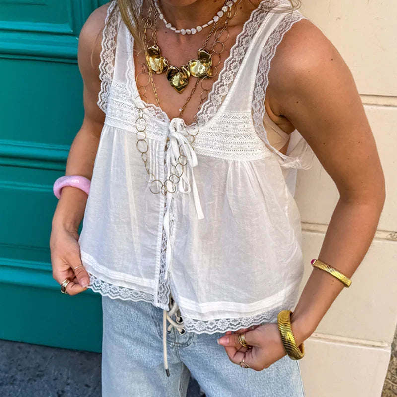 White Peplum Lace Up Tank Top
