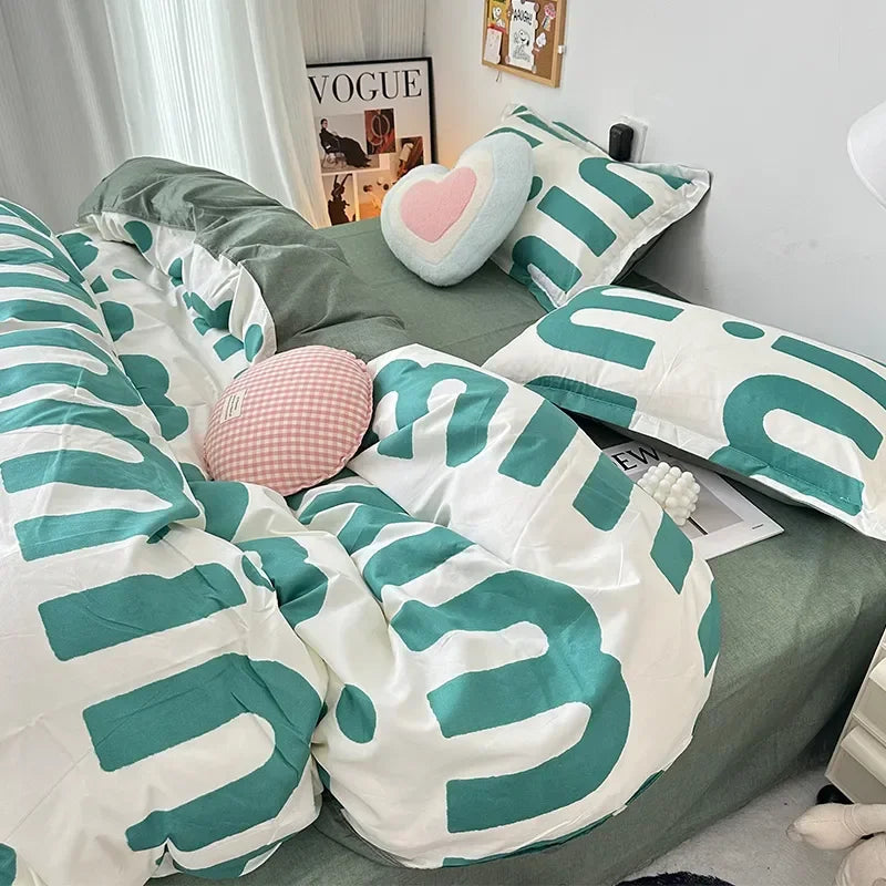 INS Gradient Cream Pink And Green Bedding Sets Streak Flat Sheets Soft Home Textile For Girls Full Size With Pillowcases
