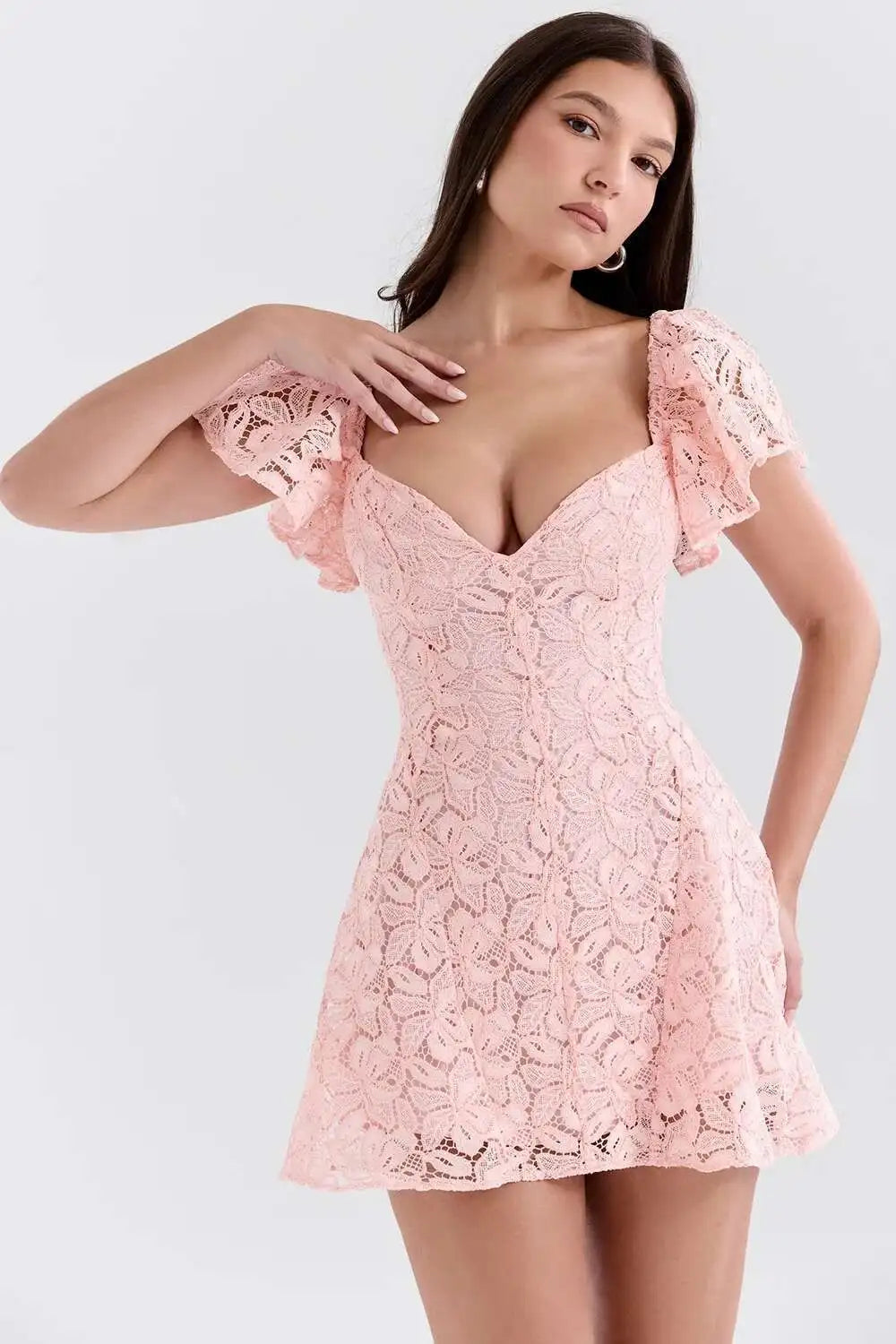 Pink Lace Frill Sleeve Mini Dress