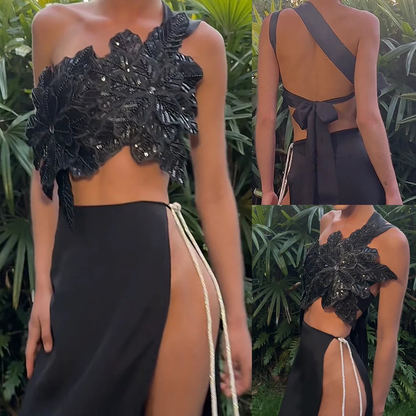 3D Layered Flower Rhinestone Bra Bow Tied Top