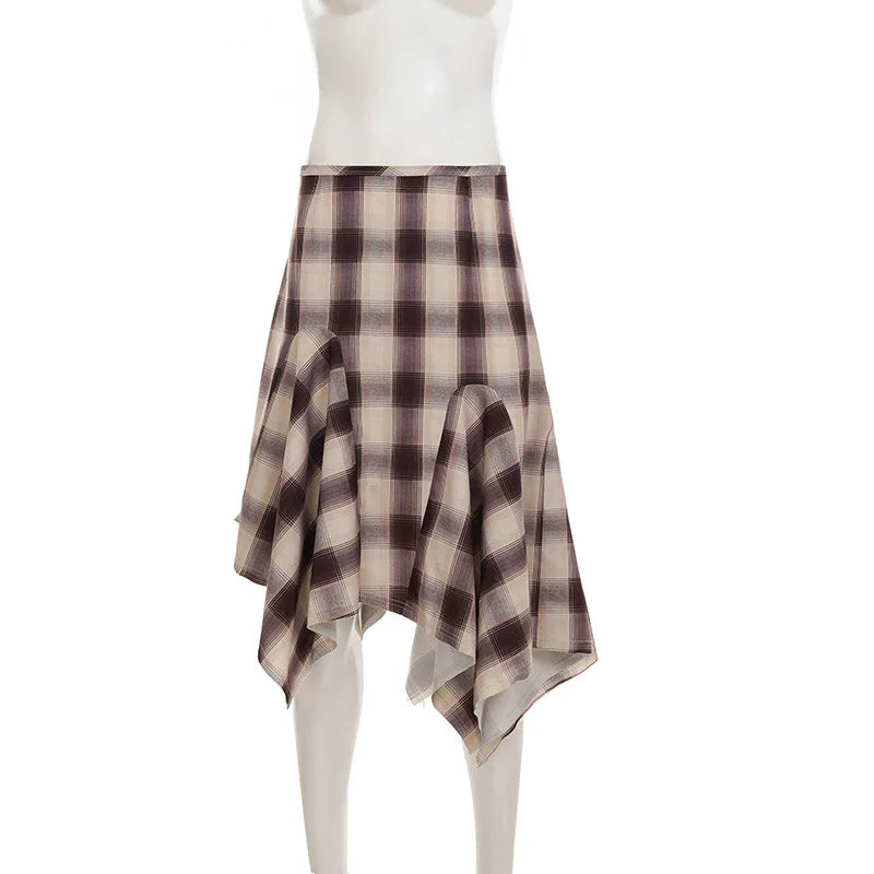 Irregular Hem Plaid Printed Midi Skirt