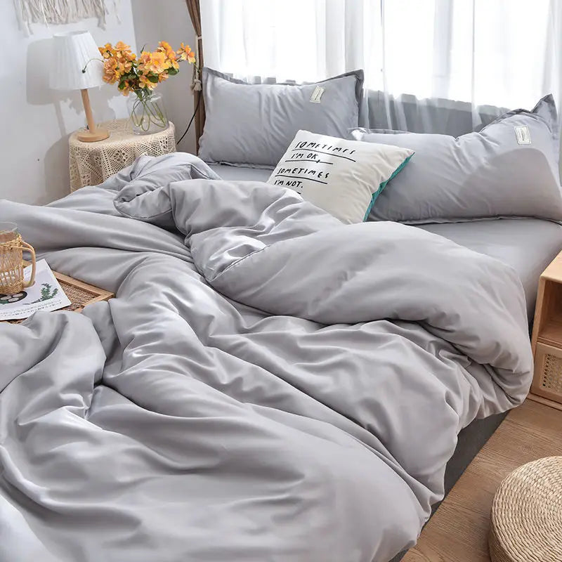 Solid Blue Duvet Cover Set Flat Sheet with Pillowcases 2023 New Twin Full Size Boys Girls Bed Linen Grey Green Bedding Kit