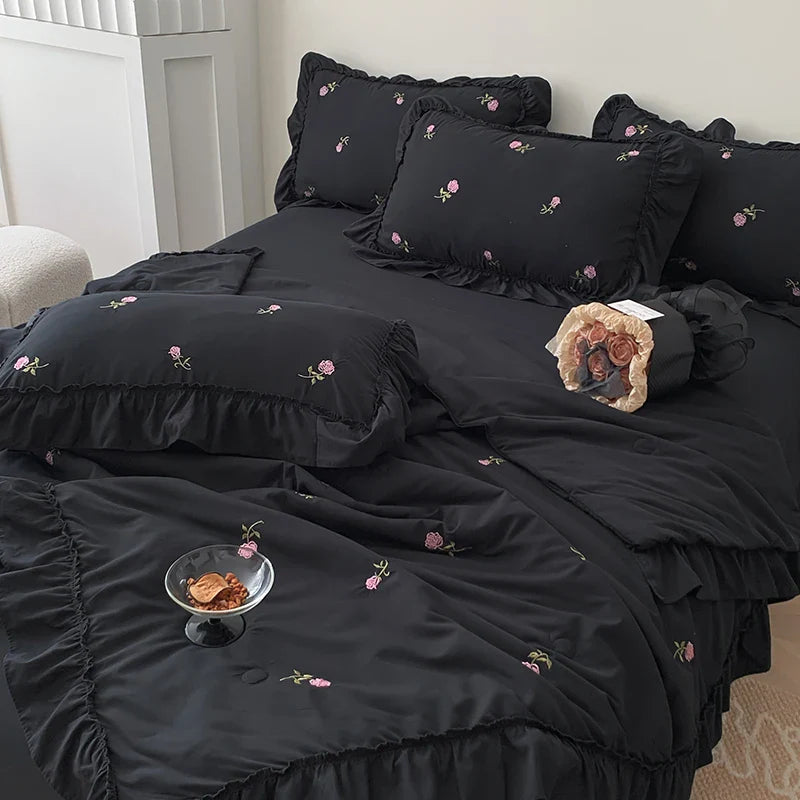 3pcs Rose embroidery Lace Quilt, pillowcase Single Double Summer Air Conditioning Throw Blanket Nap Blanket Thin Quilt