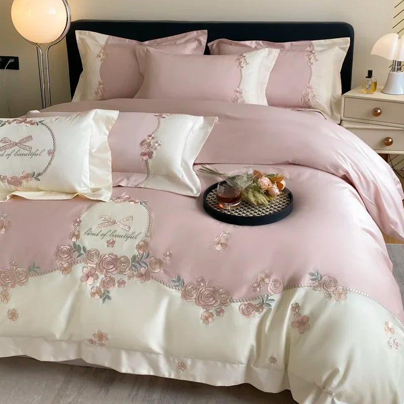 4pcs/Set Class A Grade High-end 200s Long-staple Pure Cotton Embroidery Quilt Covers Pillowcases Sheet Bedding Set