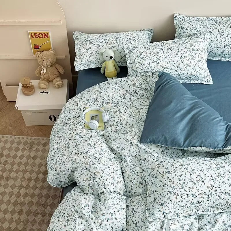 Korean Style Fashion Bedding Set Kids Adults Twin Full Queen Size Blue Bed Flat Sheet Duvet Cover Pillowcases Floral Bed Linen
