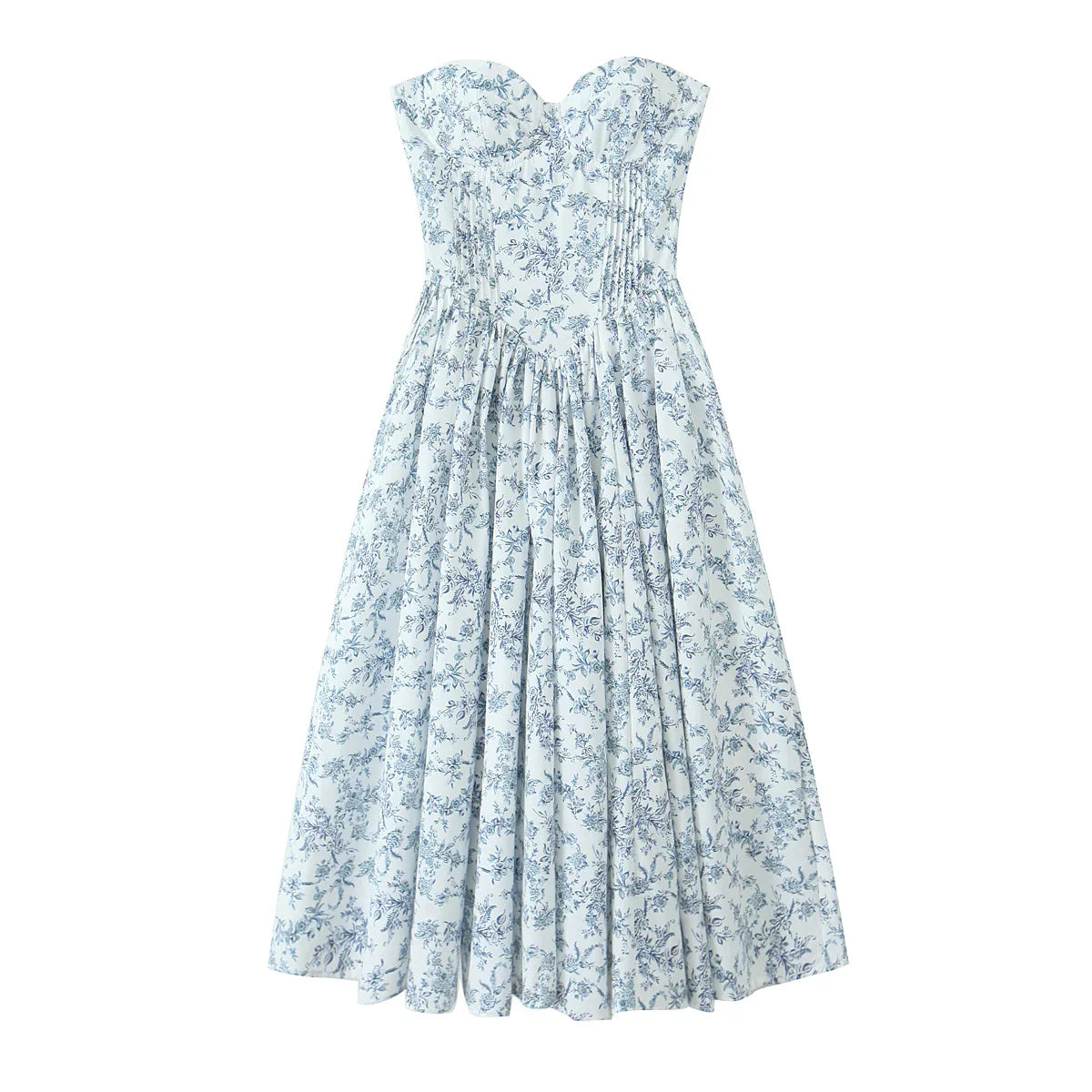 Blue Floral Corset Strapless Midi Dress