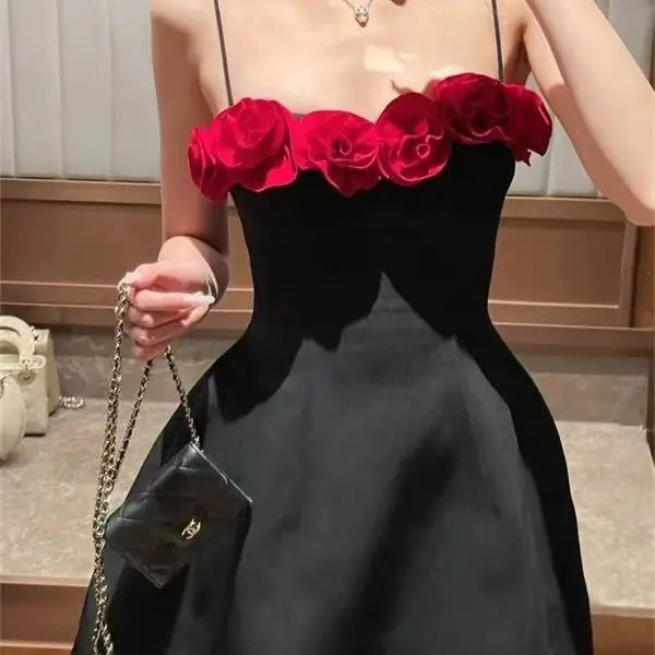Black Cami 3D Red Flower Mini Dress