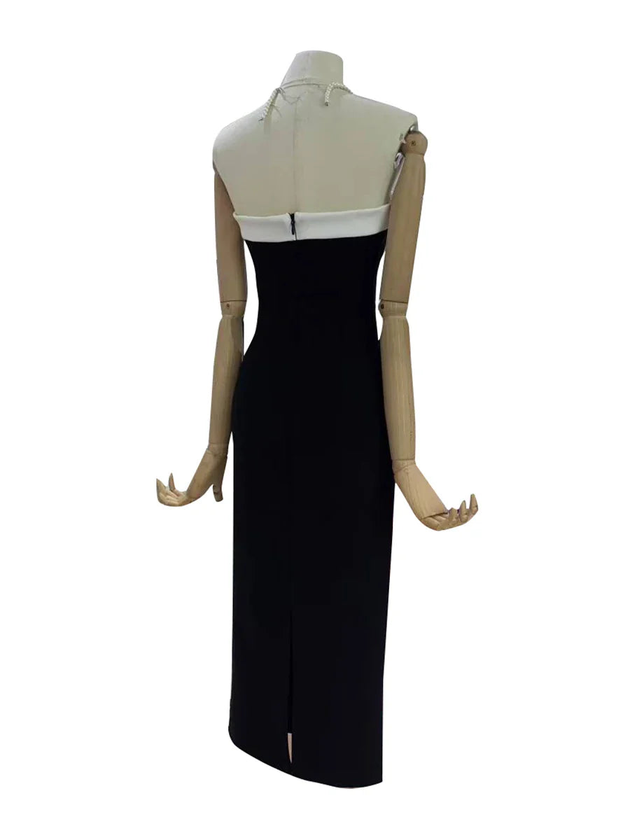 Black White Bow Strap Tube Solid Midi Dress