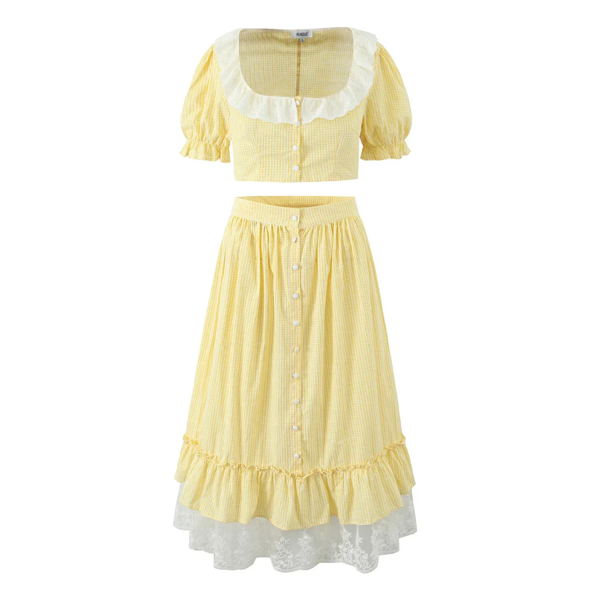 Yellow Gingham Printed Crop Top And Maxi Skirt Set