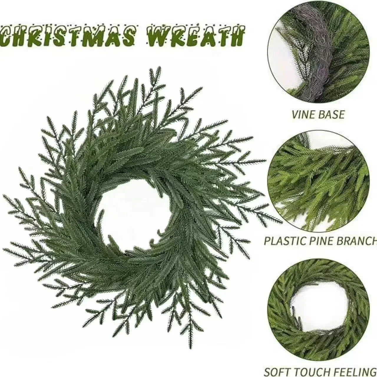24" Real Touch Norfolk Pine Wreath for Front Door Artificial Christmas Wreath Green Faux Pine Wreath for Wall Windows Decor