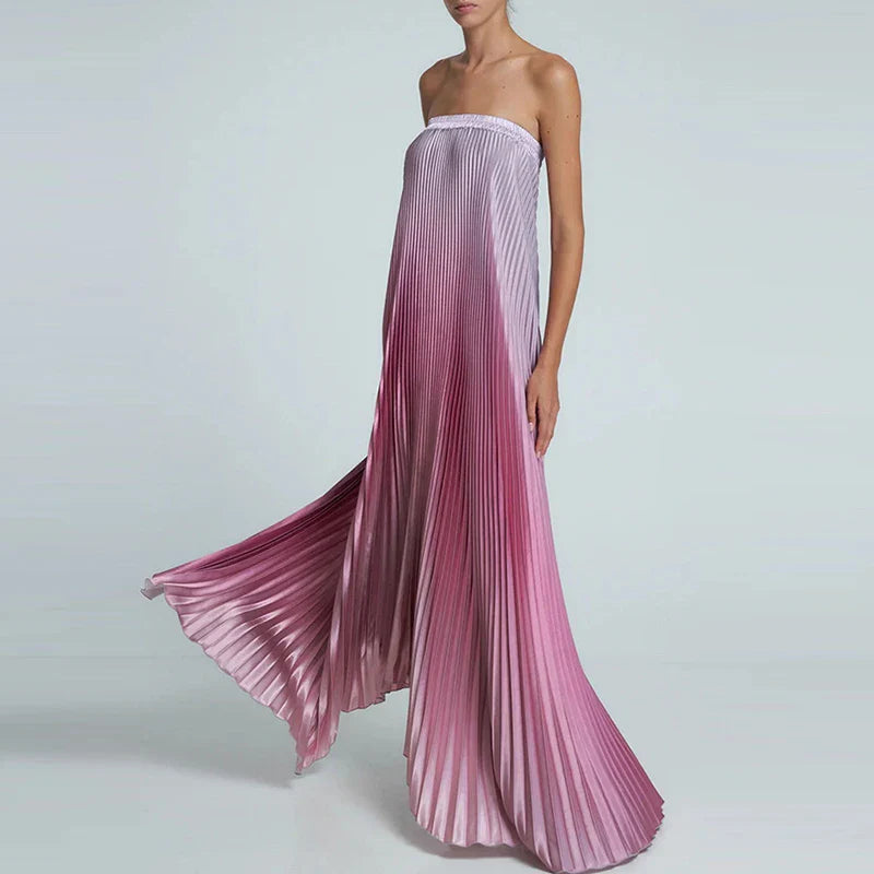 Pink Sleeveless Gradient Pleated Long Dress