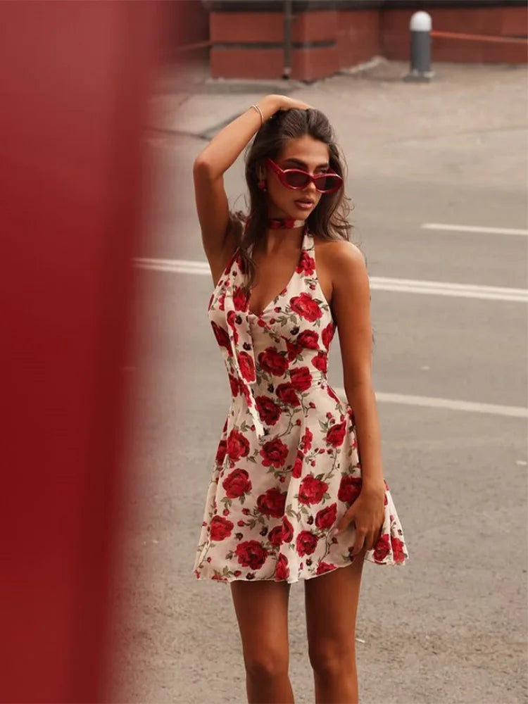 Red Printed Neck Scarf Halter Mini Dress