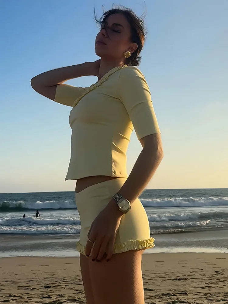 Yellow Ruffled Trim Top And Shorts Set