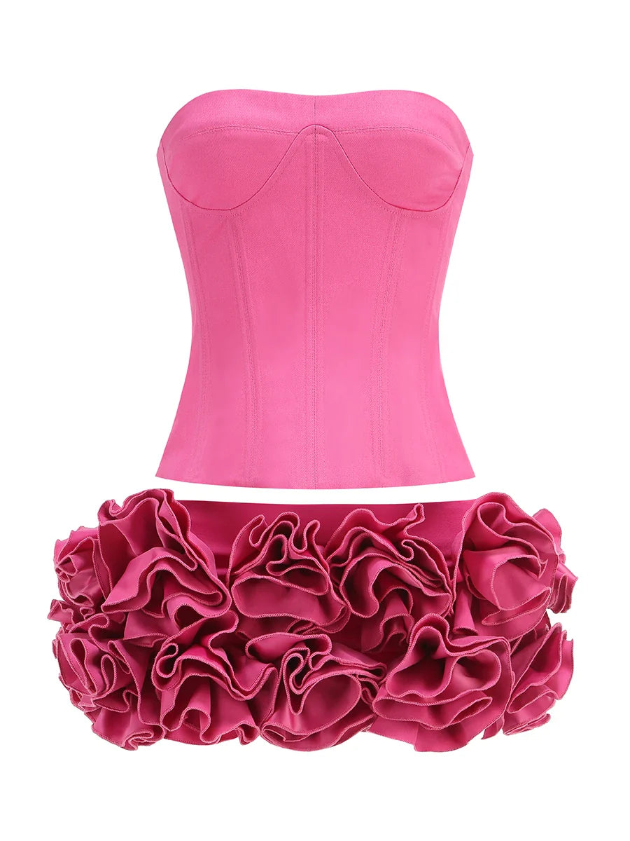 Corset Top And 3d Flower Micro Skirt Set