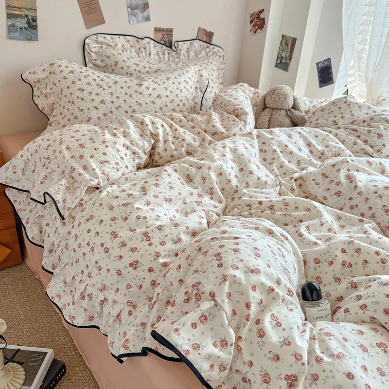 Korean Style Floral Ruffles Knitted Double Yarn Bedding Set Double King Queen Size Duvet Cover Flat/Fitted Bed Sheet Pillowcases
