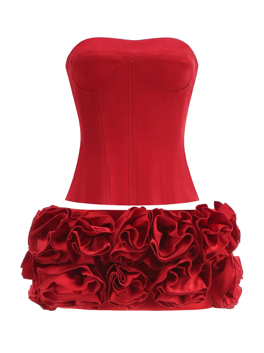 Corset Top And 3d Flower Micro Skirt Set
