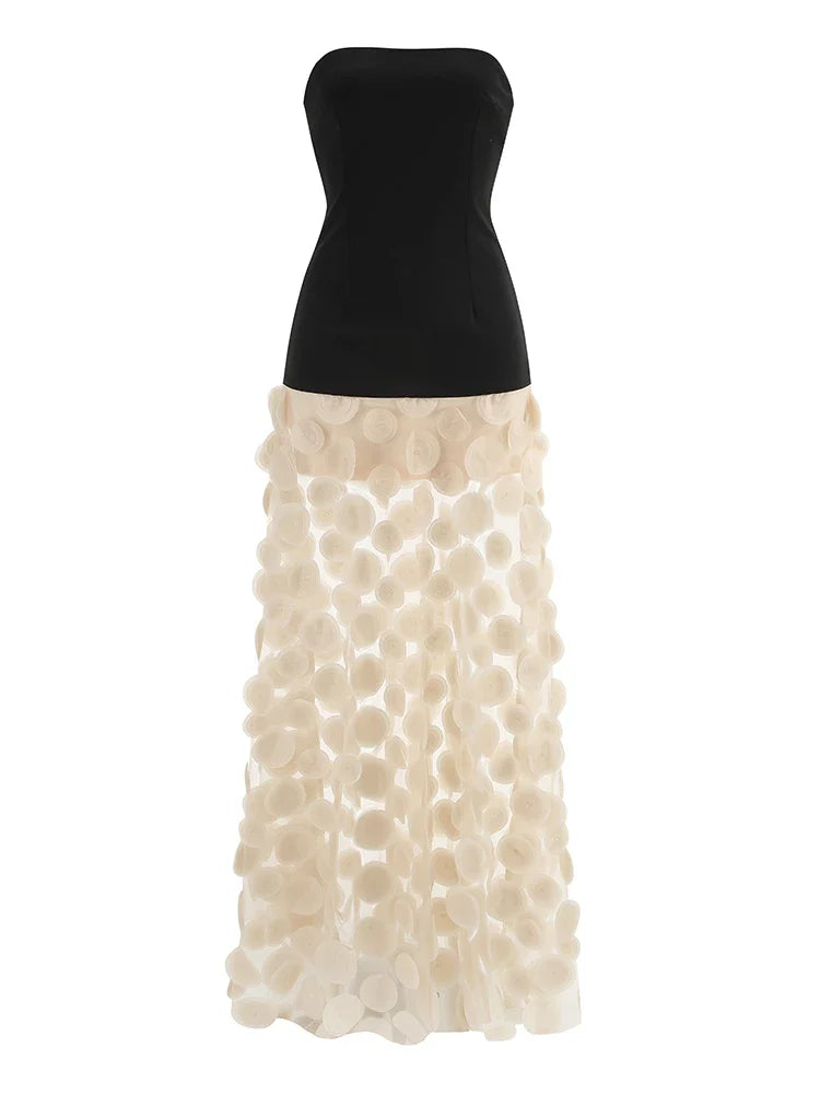 Black Strapless Dot Mesh Long Dress �A-Line Empire Waist