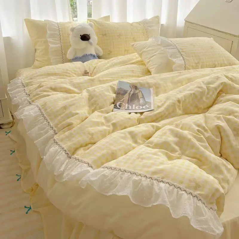 Fashion Lattice Bedding Set Bed Sheet Cute Princess AB Double Sided Ruffle Flower Quilt Cover Pillowcase Bedclothes Home Textile