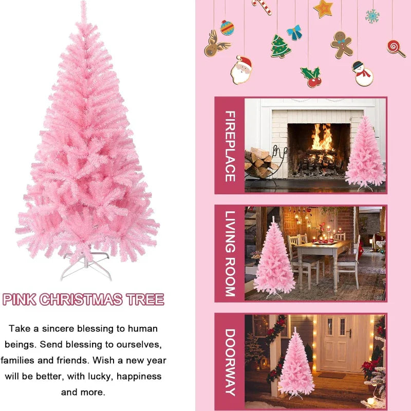 Artificial Pink Christmas Tree with Metal Stand, PVC Encryption Xmas Tree, Party Decoration, Home and Office