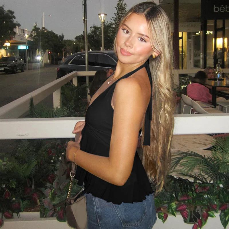 Deep Neck Mesh Metal Buckle Halter Vest Top
