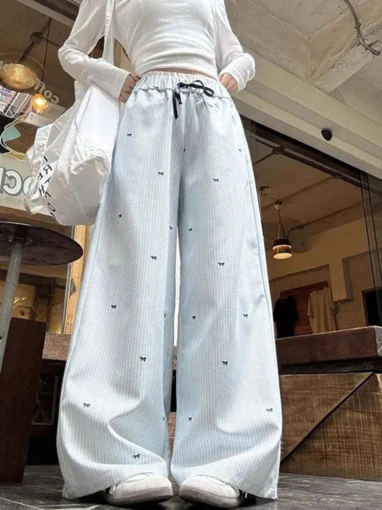 Blue Bow Striped Drawstring Track Pants