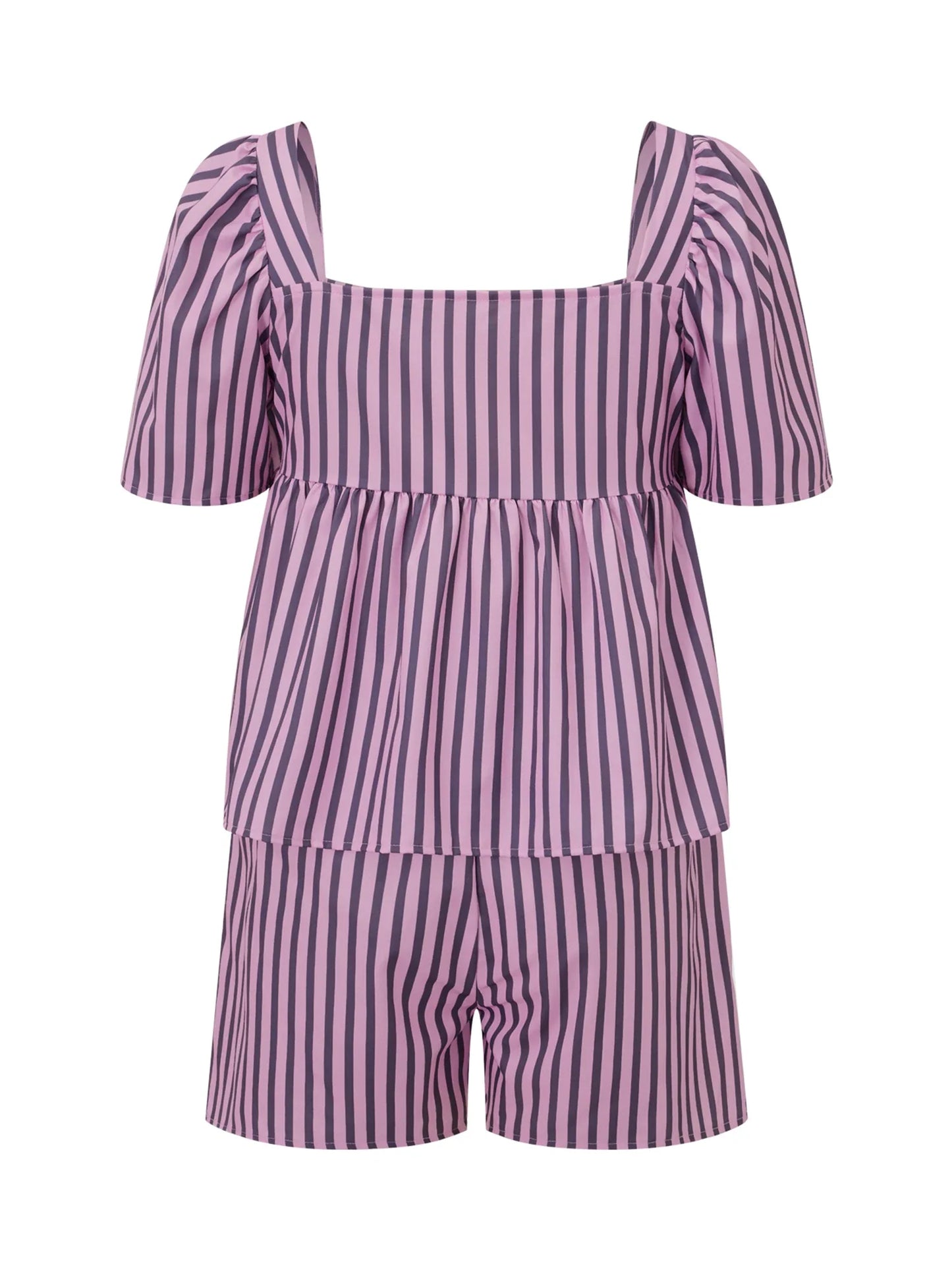 Purple Striped Print Short Sleeve Front Tied Tops And Shorts Set