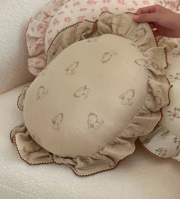 INS Round Ruffle Edge Floral Throw Pillow Stuffed Cushion Girl Heart Sweet Princess Cotton Home Bed Sofa Decor Cushion Headrest