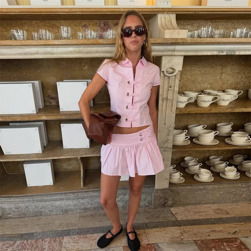 Polo Collar Short Sleeve Top And Mini Skirt Set