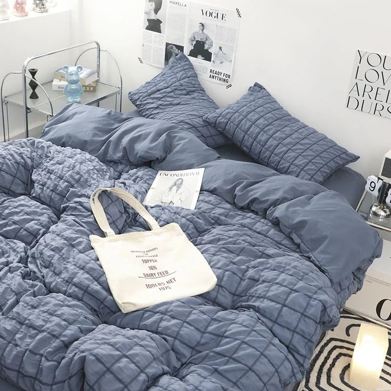 INS Girl Blue Bedding Sets Solid Color Seersucker Ruffles Lace Kawaii Soft Sheet Woman Duvet Cover Pillow Covers Quilt Cover